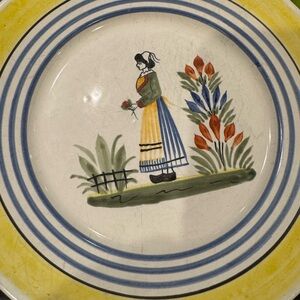 Herriot Quimper Faicence Yellow Rim Dinner Plate with Pastoral Motif